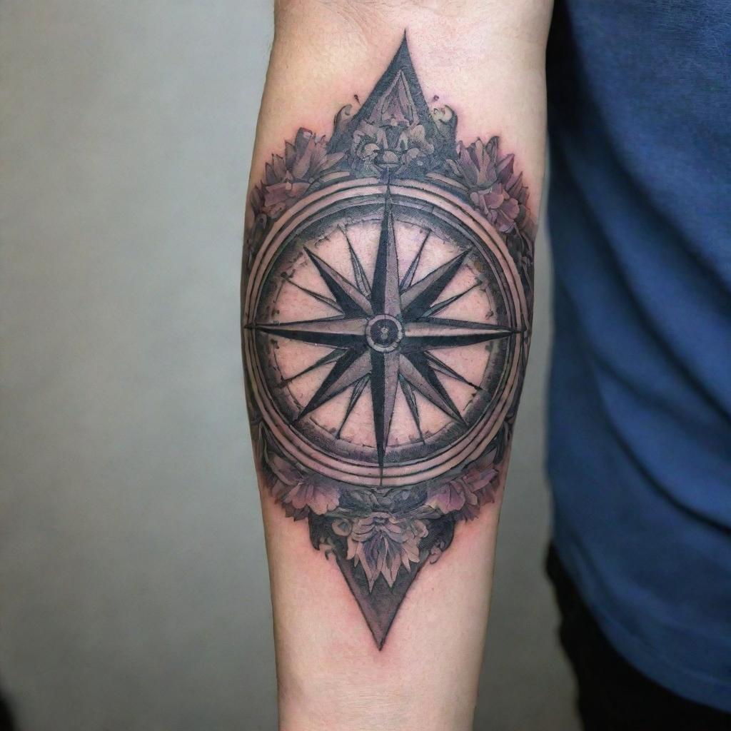 A beautifully intricate tattoo on a hand and forearm, with a majestic compass as the centerpiece, surrounded by supporting artistic elements that flow in harmony with the compass design.