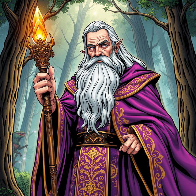 An elegant middle-aged wizard, depicted in a vibrant comic book style