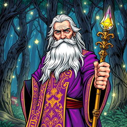 An elegant middle-aged wizard, depicted in a vibrant comic book style