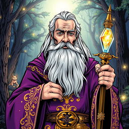 An elegant middle-aged wizard, depicted in a vibrant comic book style