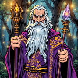 An elegant middle-aged wizard, depicted in a vibrant comic book style