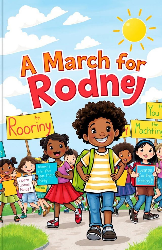 A vibrant book cover for a children's book titled "A March for Rodney"