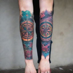 A vibrant hand and forearm sleeve tattoo featuring a striking compass design interweaved with elements of street art graffiti, explicitly devoid of any floral elements, creating a bold, rebellious aesthetic.