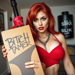 A close-up shot of a sexy female redhead with a large chest, wearing a tank top adorned with punk chains, showcasing her appealing cleavage