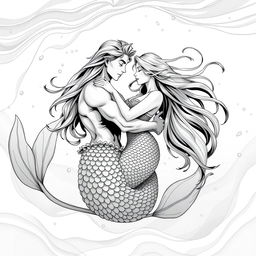 A striking black and white illustration of a merman and a human woman embracing in a fluid underwater environment