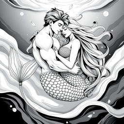 A striking black and white illustration of a merman and a human woman embracing in a fluid underwater environment