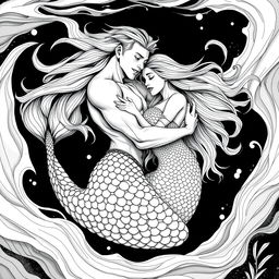 A striking black and white illustration of a merman and a human woman embracing in a fluid underwater environment