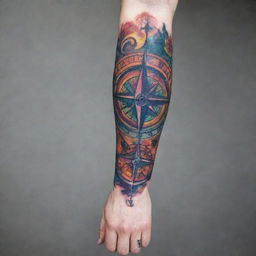 A vibrant hand and forearm sleeve tattoo featuring a striking compass design interweaved with elements of street art graffiti, explicitly devoid of any floral elements, creating a bold, rebellious aesthetic.