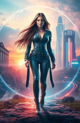 A woman with long, flowing hair, dressed in a futuristic outfit, stepping through a shimmering portal that represents time travel