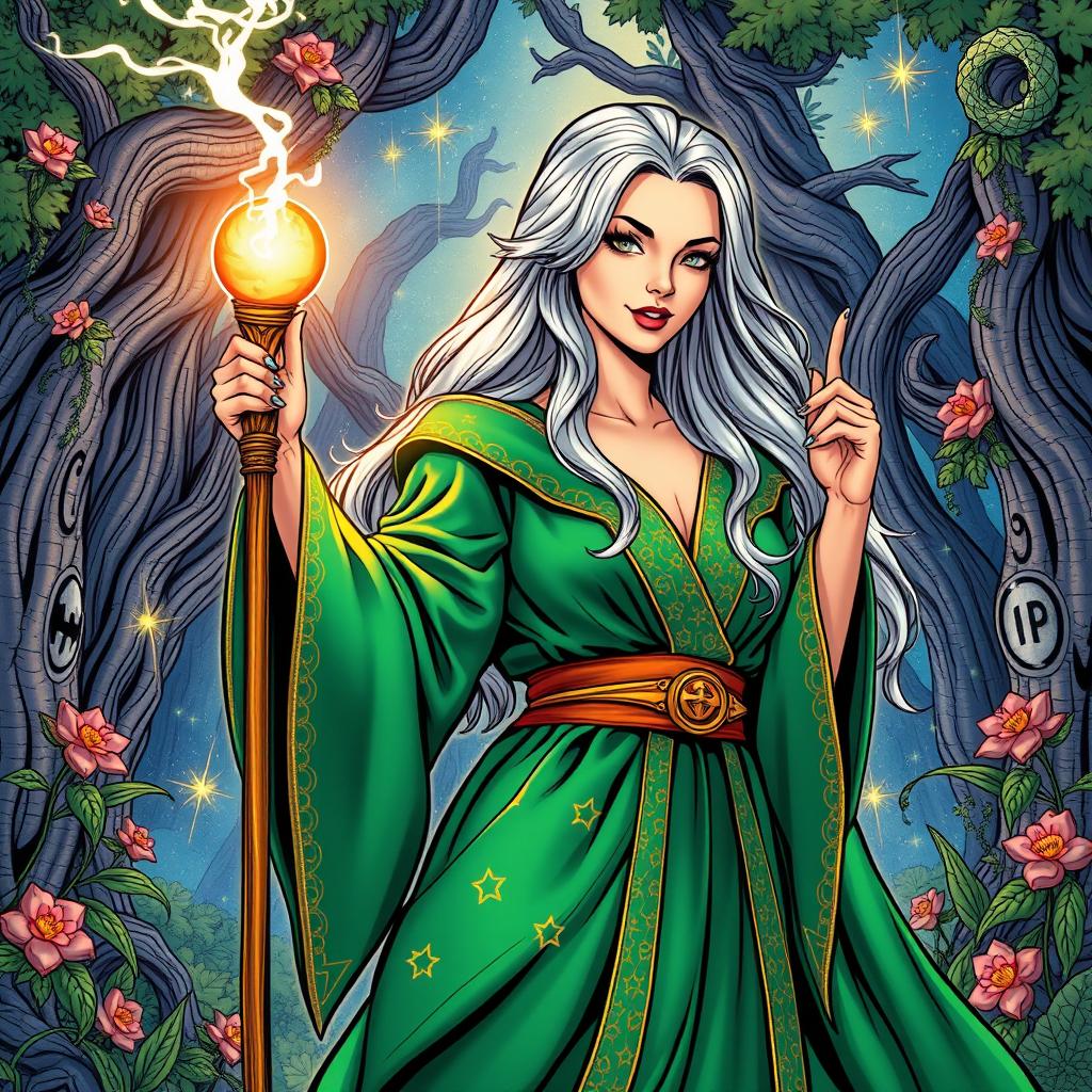 An elegant female middle-aged wizard, illustrated in a vibrant comic book style