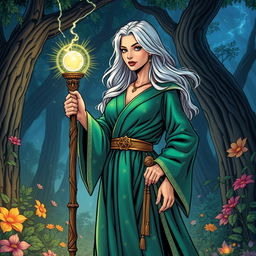 An elegant female middle-aged wizard, illustrated in a vibrant comic book style