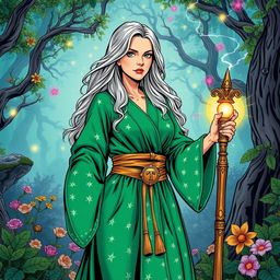 An elegant female middle-aged wizard, illustrated in a vibrant comic book style