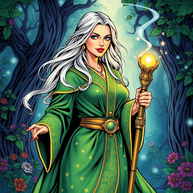 An elegant female middle-aged wizard, illustrated in a vibrant comic book style