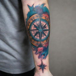 A vibrant hand and forearm sleeve tattoo featuring a striking compass design interweaved with elements of street art graffiti, explicitly devoid of any floral elements, creating a bold, rebellious aesthetic.