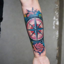 A vibrant hand and forearm sleeve tattoo featuring a striking compass design interweaved with elements of street art graffiti, explicitly devoid of any floral elements, creating a bold, rebellious aesthetic.