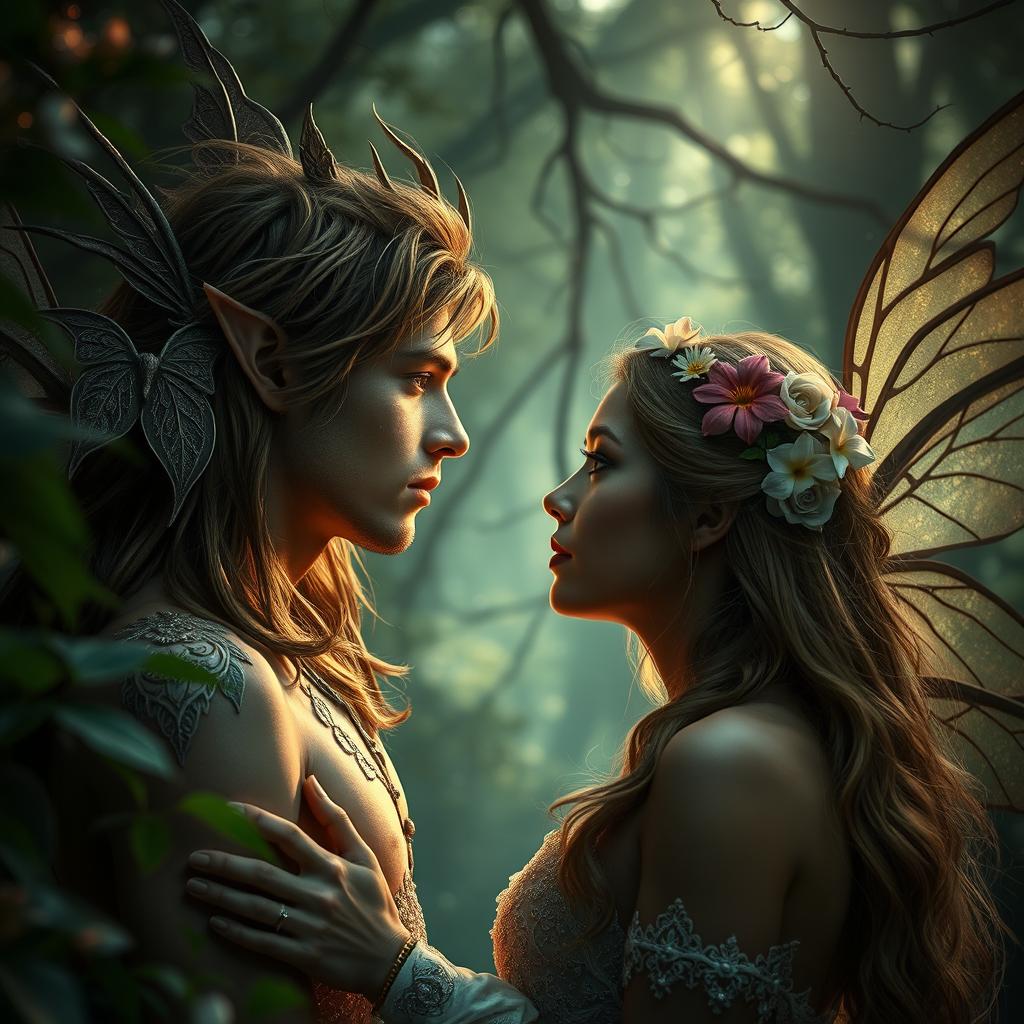 A dramatic fantasy romance scene featuring a fae male and a human woman in an enchanted forest