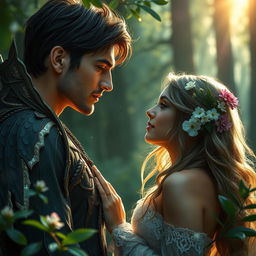 A dramatic fantasy romance scene featuring a fae male and a human woman in an enchanted forest