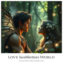 A dramatic fantasy romance scene featuring a fae male and a human woman in an enchanted forest