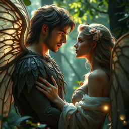 A dramatic fantasy romance scene featuring a fae male and a human woman in an enchanted forest