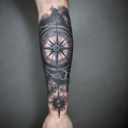 A black and grey hand and forearm sleeve tattoo showcasing a compelling compass intertwined with nuanced graffiti elements, creating a contrast of street art and navigational symbolism in a monochromatic palette.