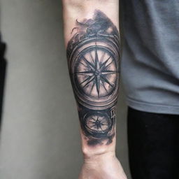 A black and grey hand and forearm sleeve tattoo showcasing a compelling compass intertwined with nuanced graffiti elements, creating a contrast of street art and navigational symbolism in a monochromatic palette.