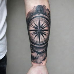 A black and grey hand and forearm sleeve tattoo showcasing a compelling compass intertwined with nuanced graffiti elements, creating a contrast of street art and navigational symbolism in a monochromatic palette.