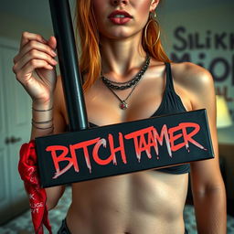 A close-up shot focusing on a sexy female redhead's torso, featuring her large chest and alluring cleavage, wearing a stylish tank top adorned with punk chains