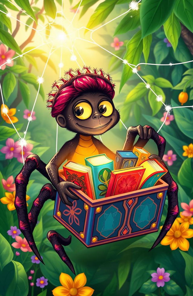 A whimsical and colorful illustration of Anansi the spider, depicted as a charming character with a mischievous expression