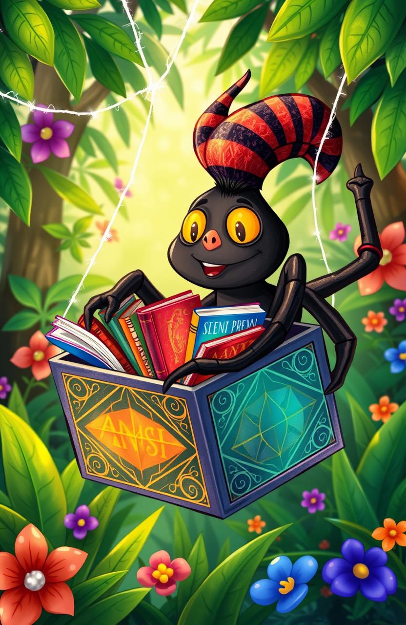 A whimsical and colorful illustration of Anansi the spider, depicted as a charming character with a mischievous expression