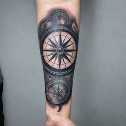 A black and grey hand and forearm sleeve tattoo showcasing a compelling compass intertwined with nuanced graffiti elements, creating a contrast of street art and navigational symbolism in a monochromatic palette.