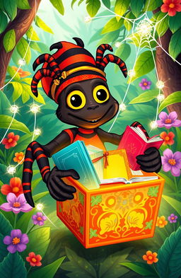 A whimsical and colorful illustration of Anansi the spider, depicted as a charming character with a mischievous expression