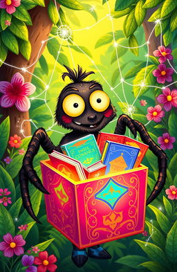 A whimsical and colorful illustration of Anansi the spider, depicted as a charming character with a mischievous expression