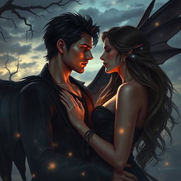 A dramatic fantasy romance scene featuring a shadow fae male and a human woman enveloped in a mystical twilight setting
