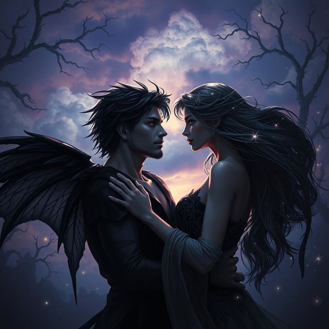 A dramatic fantasy romance scene featuring a shadow fae male and a human woman enveloped in a mystical twilight setting