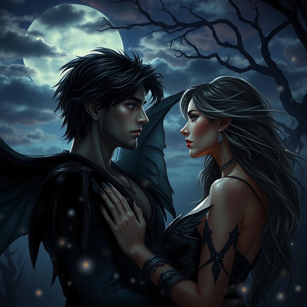 A dramatic fantasy romance scene featuring a shadow fae male and a human woman enveloped in a mystical twilight setting