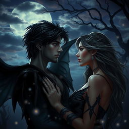 A dramatic fantasy romance scene featuring a shadow fae male and a human woman enveloped in a mystical twilight setting