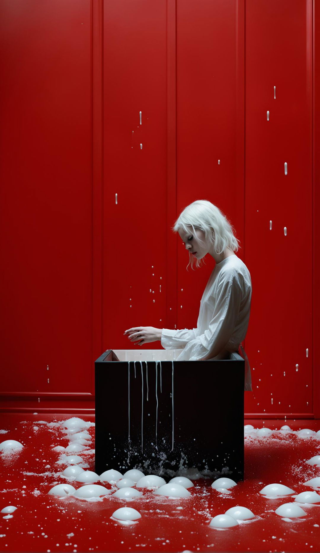 Beautiful, creepy albino girl climbs out of Pandora’s box with its lid ajar on the floor of a windowless, minimalist all-red room. It rains white opaque droplets. Unnerving, spooky, and foreboding raw unedited photograph in low light settings with high detail.