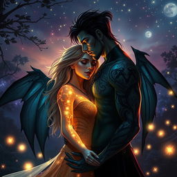 A dramatic fantasy romance scene depicting a shadow fae male and a bright human woman standing close together in an enchanted glade
