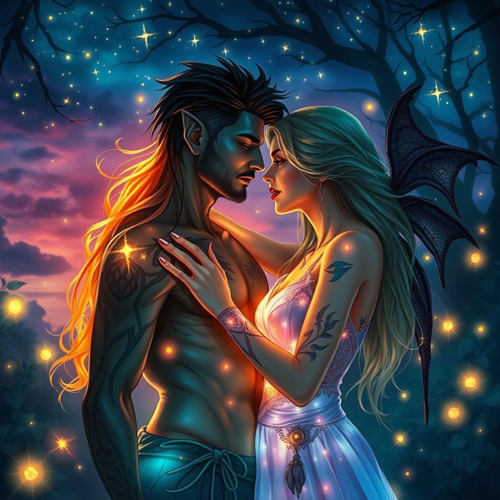 A dramatic fantasy romance scene depicting a shadow fae male and a bright human woman standing close together in an enchanted glade