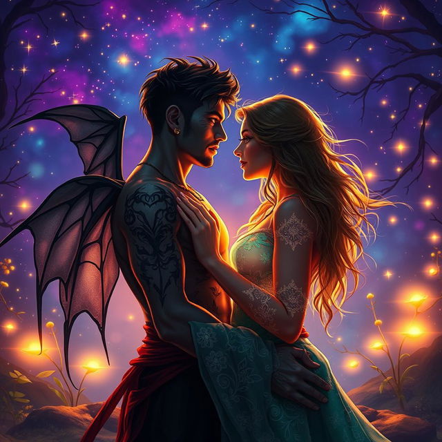 A dramatic fantasy romance scene depicting a shadow fae male and a bright human woman standing close together in an enchanted glade