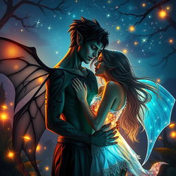 A dramatic fantasy romance scene depicting a shadow fae male and a bright human woman standing close together in an enchanted glade