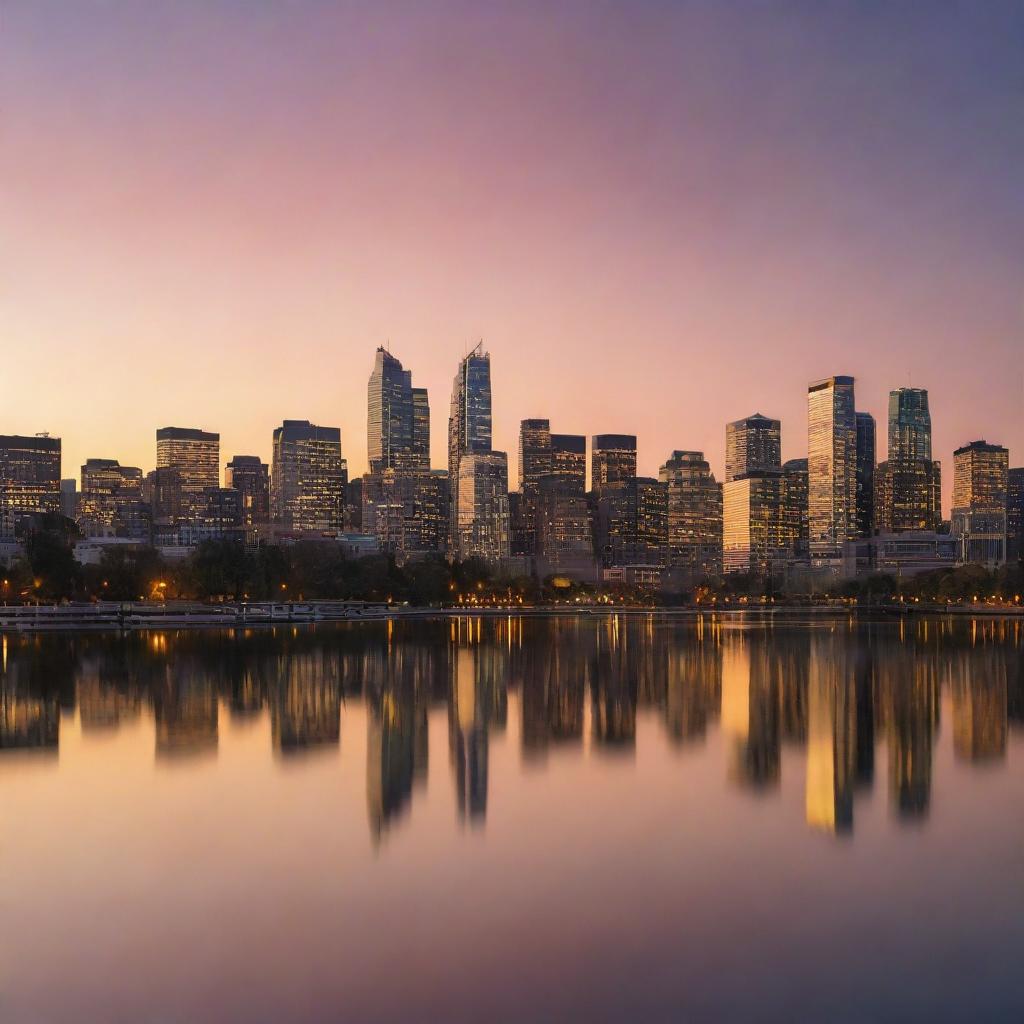 A tranquil cityscape at sunset, where the last rays of the sun cast warm hues on the skyline, reflected in a calm body of water, while the city lights begin to twinkle.