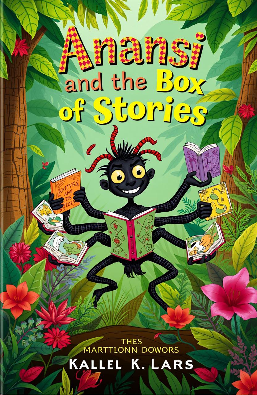 A captivating book cover design featuring Anansi the Spider, a trickster figure from African folklore