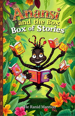 A captivating book cover design featuring Anansi the Spider, a trickster figure from African folklore