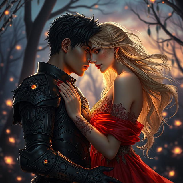 A dramatic fantasy romance scene featuring a shadow fae male with short hair and adorned in intricately designed armor, standing intimately close to a bright human woman