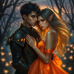 A dramatic fantasy romance scene featuring a shadow fae male with short hair and adorned in intricately designed armor, standing intimately close to a bright human woman