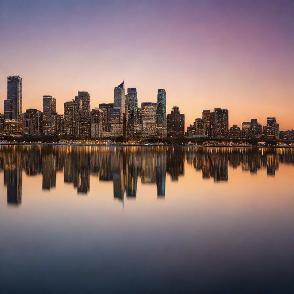 A tranquil cityscape at sunset, where the last rays of the sun cast warm hues on the skyline, reflected in a calm body of water, while the city lights begin to twinkle.