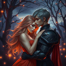 A dramatic fantasy romance scene featuring a shadow fae male with short hair and adorned in intricately designed armor, standing intimately close to a bright human woman