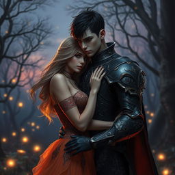 A dramatic fantasy romance scene featuring a shadow fae male with short hair and adorned in intricately designed armor, standing intimately close to a bright human woman