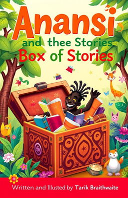 A colorful and captivating book cover for a children's story titled "Anansi and the Box of Stories"